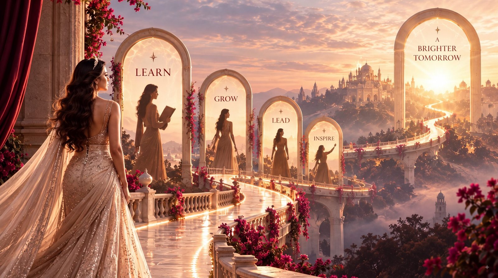 A woman looking out toward a sequence of lit arches marked Learn, Grow, Lead and Inspire, leading to a brighter tomorrow
